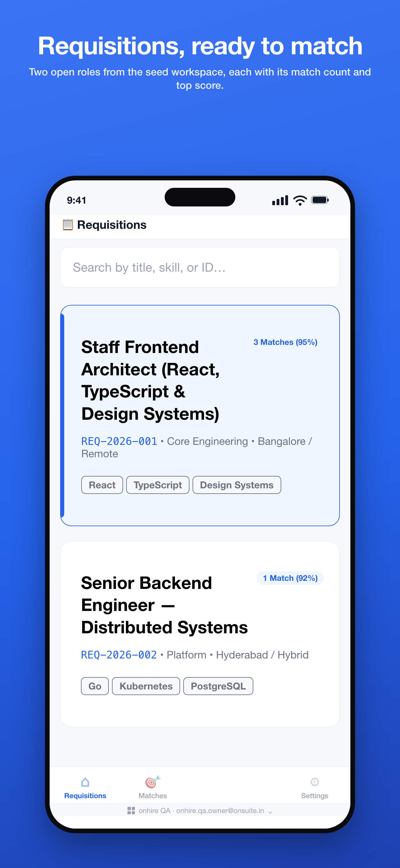 Phone — Requisitions: the open roles with match counts and top scores