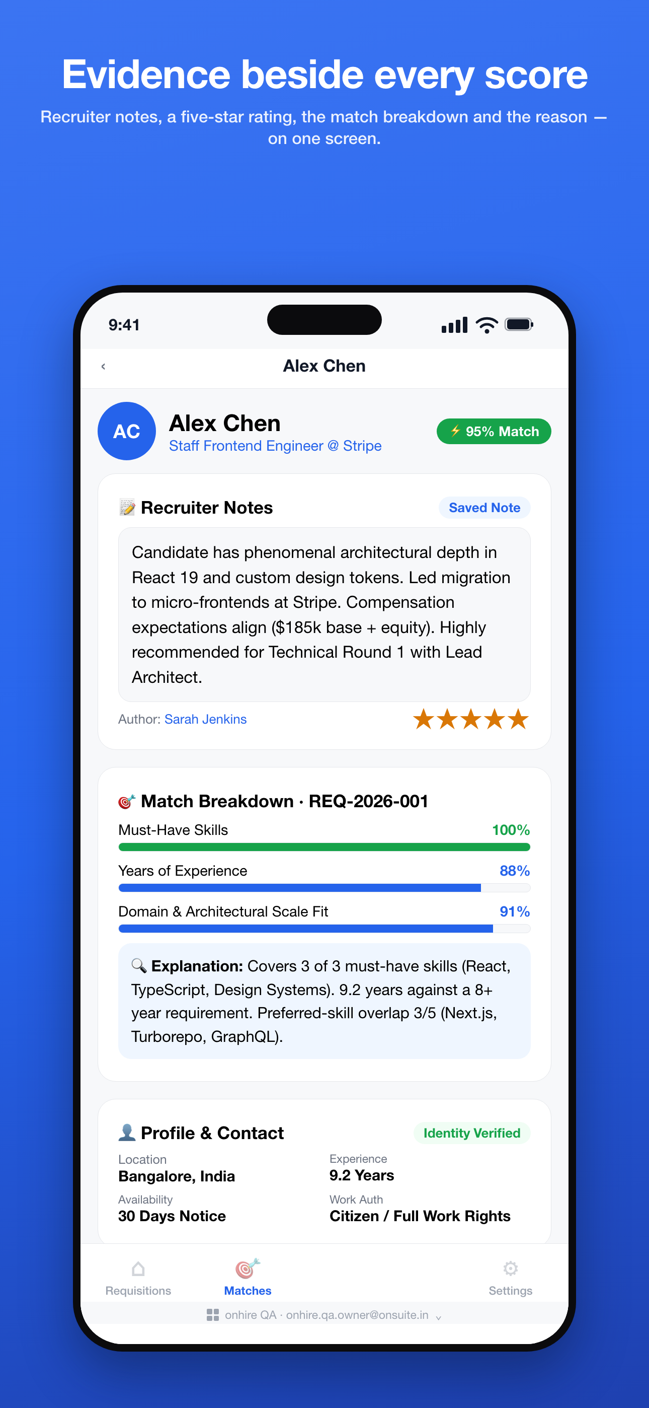 Phone — Candidate: recruiter notes with a five-star rating, match breakdown and explanation