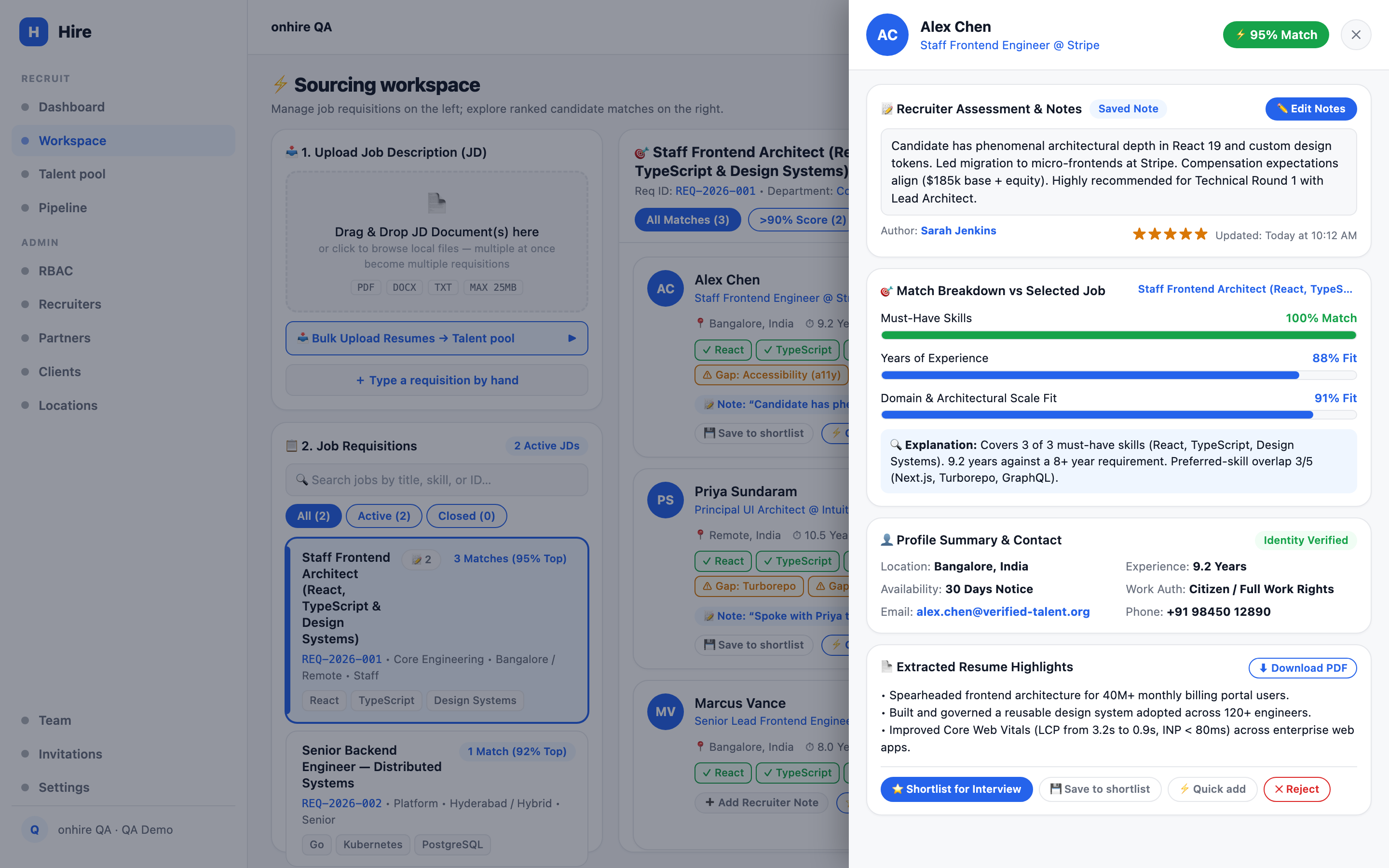 Candidate drawer — recruiter note and rating, match breakdown bars with the explanation, profile and shortlist actions